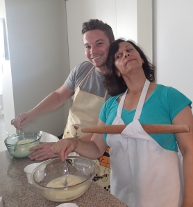 Mel and Royce mixing the wet ingredients (and salt).  Smile!